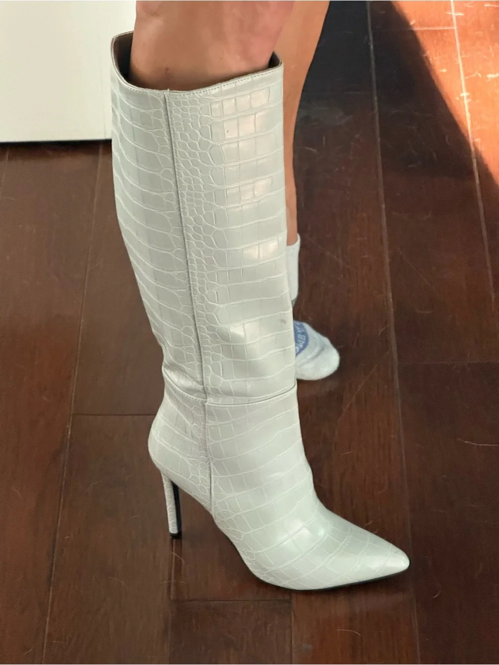 GUESS Croc-Embossed Over-the-Knee Stiletto Boots in Light Gray